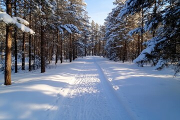 Fototapeta premium A charming snowy path winds through a serene forest landscape, inviting tranquility and reflection amid the beauty of snow-covered trees and bright blue skies.