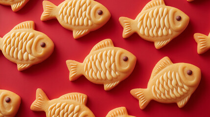 fish shaped cookies on red  background