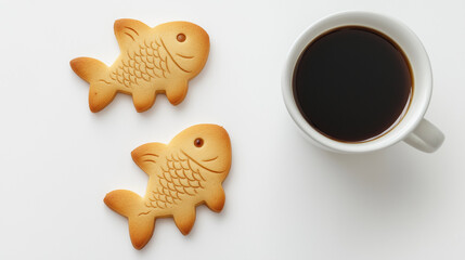 cup of coffee with fish shaped cookies on white background 