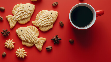 cup of coffee with fish shaped cookies on red background 