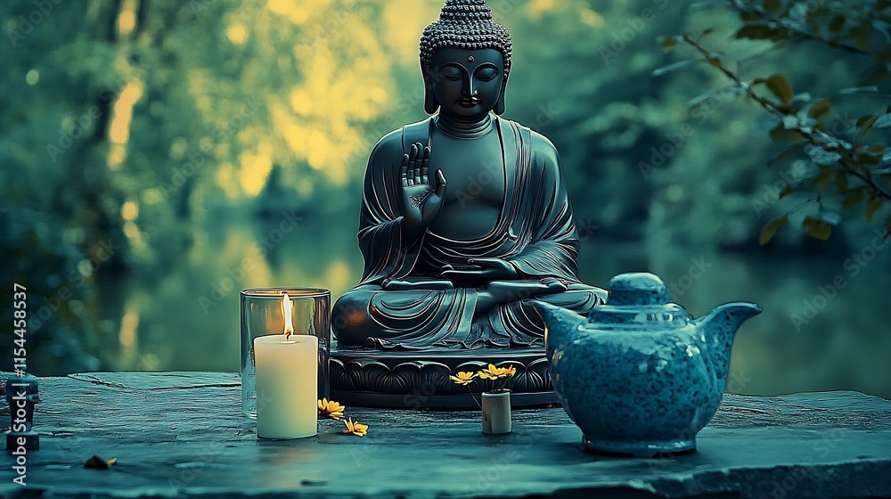 Poster buddha meditation statue surrounded by candle and teapot in tranquil forest : generative ai