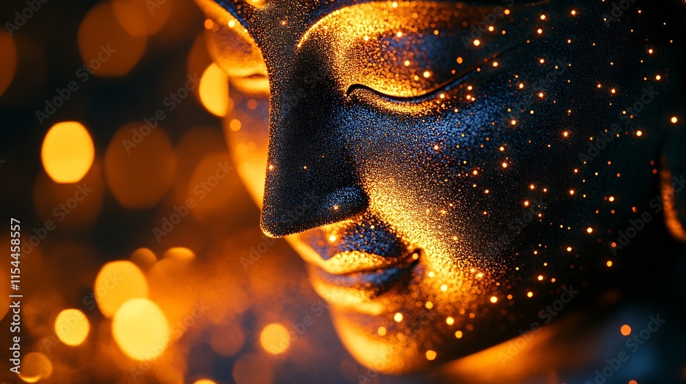 Aufkleber Profile View of Buddha Statue with Soft Golden Bokeh in Peaceful Meditation Mood : Generative AI