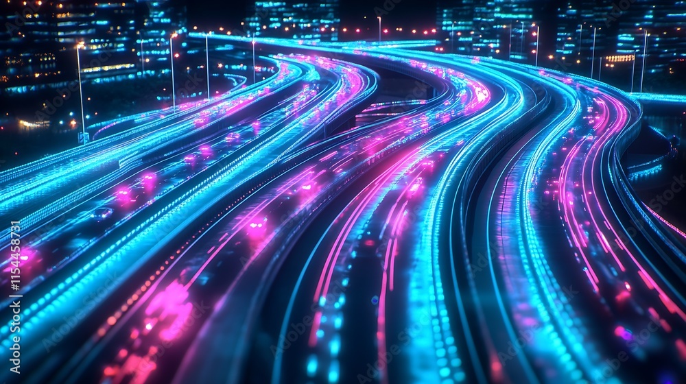 Poster vibrant neon light patterns on a city night highway representing modern urban speed and dynamic move