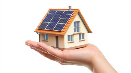 Hand Holding a Model House Equipped with Solar Panels, Illustrating the Concepts of Ecology, Sustainability, and Energy Efficiency, Set Against a White Background