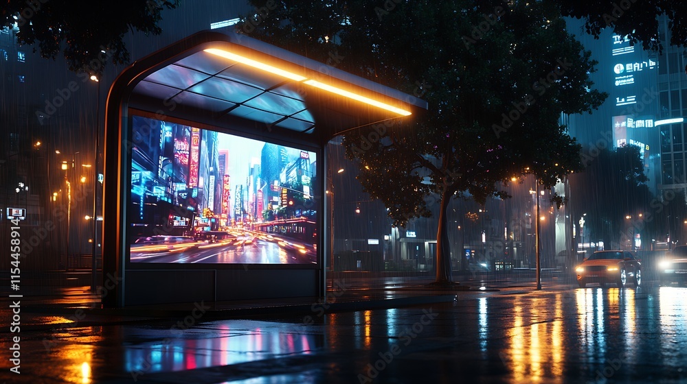 Poster vibrant night cityscape with illuminated bus stop in rainy urban setting : generative ai