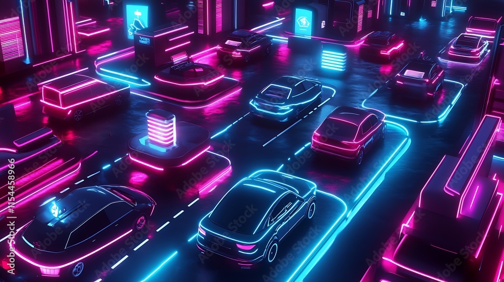 Poster dynamic futuristic scifi cityscape with neon lights and autonomous cars : generative ai