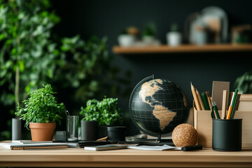 Minimalist design of a globe surrounded by icons of school supplies like rulers and pens, symbolizing education’s tools for global learning. Neutral tones emphasize simplicity.