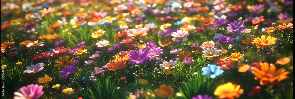 Poster expansive meadow of multicolored wildflowers in full bloom : generative ai