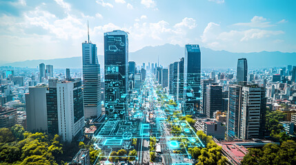 Futuristic smart city landscape in mexico city with digital alumni associations and urban of technology. Ironscape. Illustration