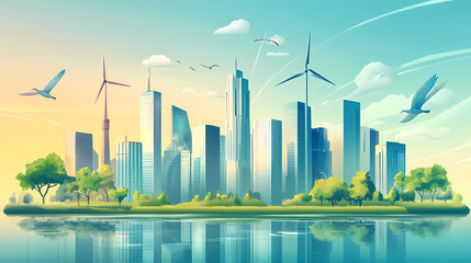Futuristic urbanscape driven by renewable energy. Ironscape. Illustration