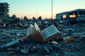 Minimalist illustration of a single open book placed on the rubble of a destroyed city, symbolizing the enduring power of knowledge in times of war and crisis.