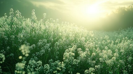 Obraz premium A field of wildflowers with the sun shining through the clouds in the background