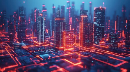 Fototapeta premium Futuristic cityscape with glowing neon lights and digital elements.
