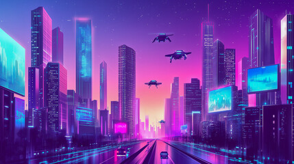 Obraz premium futuristic cityscape with flying vehicles, holographic billboards, and sleek skyscrapers