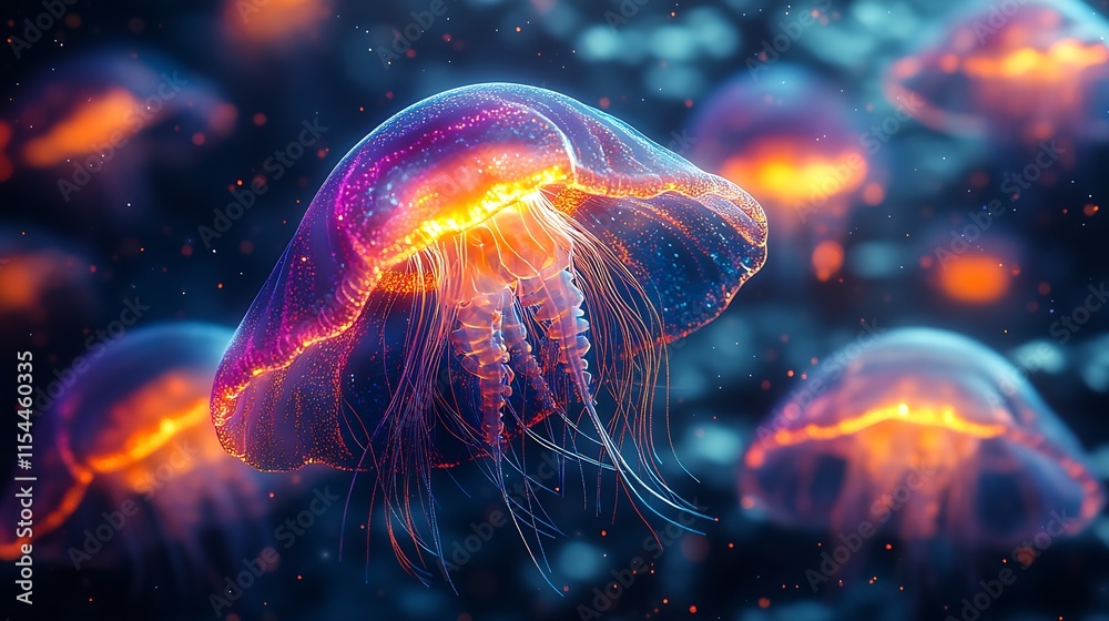Poster Vividly Glowing Jellyfish Illuminated in Neon Colors in Mystical Underwater Environment : Generative AI