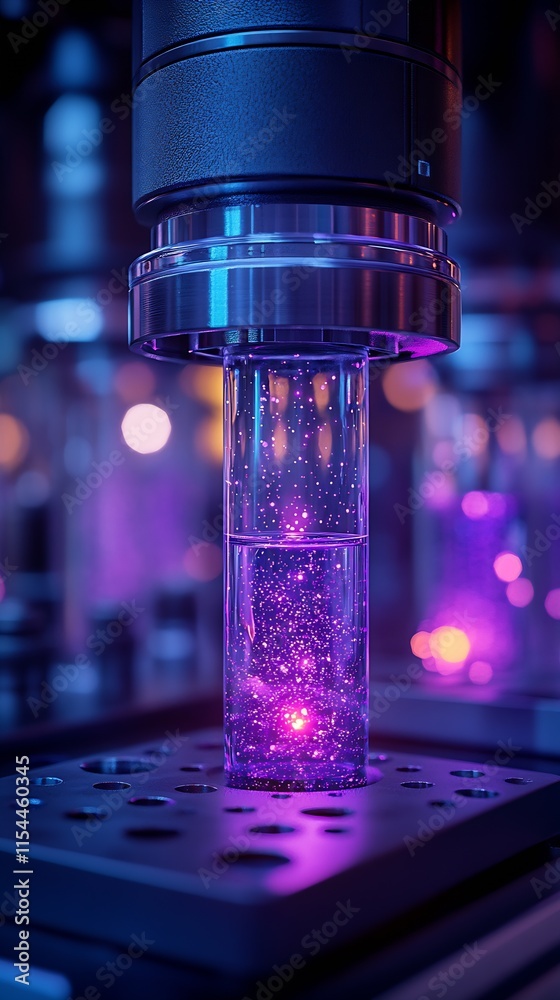 Poster modern laboratory vial with purple glimmering compound in tech savvy environment : generative ai