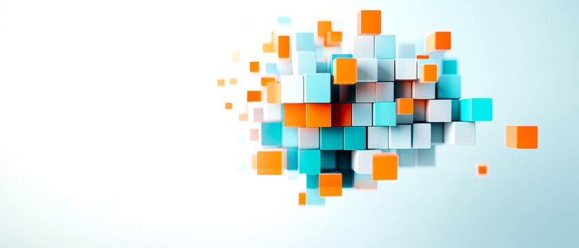 Fototapeta A vibrant arrangement of 3D cubes in blue, orange, and white hues, creating a dynamic and abstract visual effect on a light background.