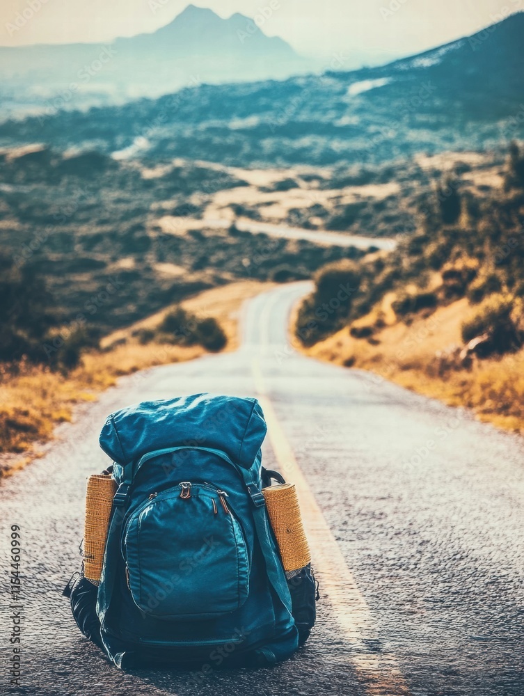 Poster travelers backpack on empty road surrounded by mountains at sunset in a remote area. generative ai