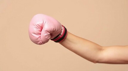 A woman's hand wearing boxing gloves with a pink breast cancer awareness ribbon, symbolizing strength and the fight against the disease.