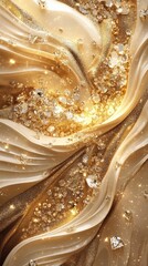 Luxury golden wavy background design with gems. Texture with smooth flowing patterns and light shiny effect