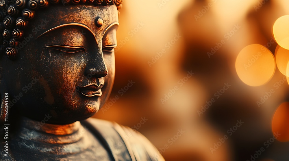 Aufkleber close-up of buddha statue with golden sunset bokeh creating peaceful atmosphere : generative ai