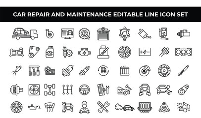 Car Repair and Maintenance Icon Set with editable line icons of tools, tires, and automotive repair items. Great for automotive services, repair shop branding, websites, and marketing materials.