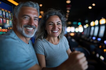 A joyful couple, smiling while playing slot machines in a lively casino environment, conveying the excitement and entertainment of gaming and shared experiences together.