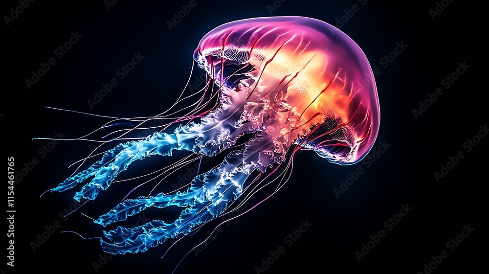 Poster Vibrant Glowing Jellyfish with Luminescent Colors in Deep Ocean Water : Generative AI