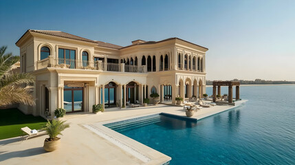 Obraz premium Luxurious beachfront villa in Dubai UAE with infinity pool and panoramic sea views