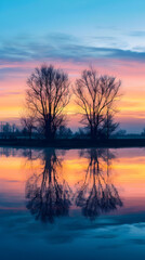 Fototapeta premium Serenity Unveiled: Tranquil Lake and Silhouetted Trees in the First Light of Dawn