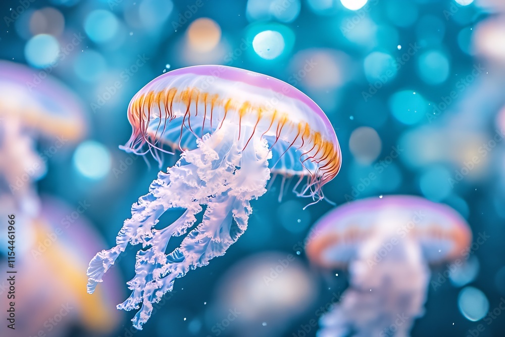 Poster Vibrant Jellyfish Floating Gracefully in Blue Ocean Water with Light Bokeh Effects : Generative AI