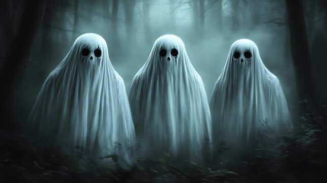 Three ghostly figures in a misty forest.