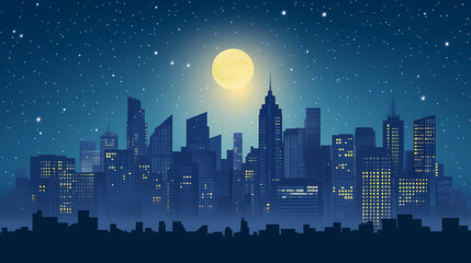 Captivating nighttime cityscape featuring a majestic skyline of towering skyscrapers and high rise buildings illuminated by a brilliant moon and twinkling stars. Ironscape. Illustration