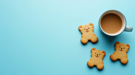 cup of coffee with bear  shaped cookies on blue background 