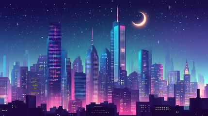 Fototapeta premium Captivating nighttime cityscape featuring a majestic skyline of towering skyscrapers and high rise buildings illuminated by a brilliant moon and twinkling stars. Ironscape. Illustration