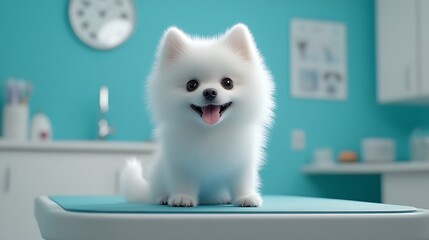 Cute and Fluffy White Pomeranian Puppy in a Vet Clinic Setting with Blue Decor : Generative AI