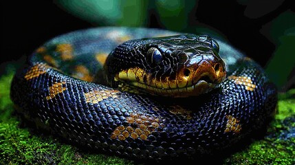 Obraz premium A close-up photo of a snake resting on a green mossy background with a human hand visible