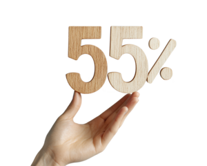 Hand Holding Wooden 55 Percent Symbol, Isolated on Transparent and White Background