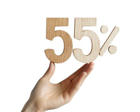 Hand Holding Wooden 55 Percent Symbol, Isolated on Transparent and White Background