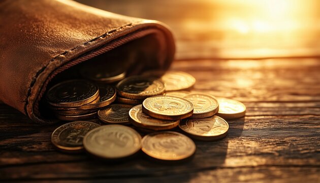 Green Cash And Gold Coins Are Displayed In A Money Wallet During A Payment Transaction. The Wallet Is Filled With Currency And Coins. - Powered by Adobe