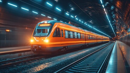 Fototapeta premium A vibrant train in a tunnel, showcasing motion and modern transport technology.