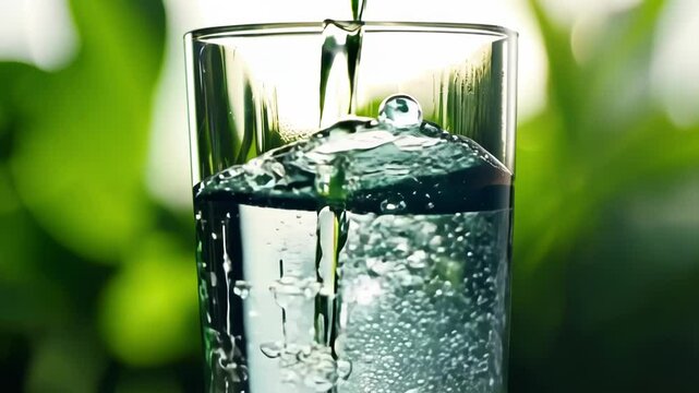 Bubbling water in a glass against a blurred green background, symbolizing refreshment and purity. Ideal for health, wellness, or hydration themes.