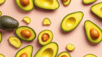 Avocados sliced in half, revealing its smooth green flesh and central pit, laid flat on a simple surface. Soft lighting accentuates its vibrant hues
