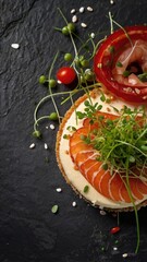 Delicious Spicy Cheesecake Sandwich with Red Fish, Cream Cheese, and Microgreens on Slate Plate