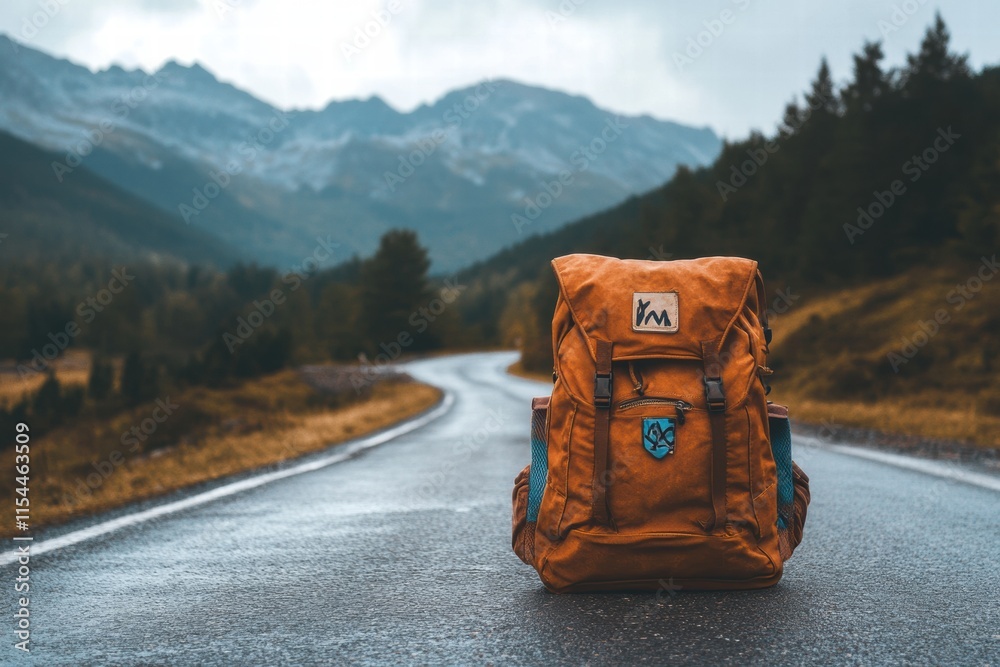 Poster travelers backpack resting on a winding road surrounded by mountains and greenery on a cloudy day. g