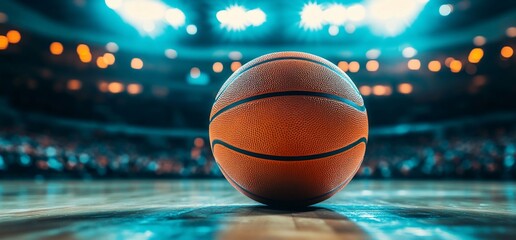 A basketball on the court, illuminated by dramatic arena lighting.