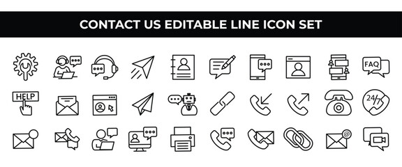 Contact Us Icon Set featuring editable line icons of phones, emails, location pins, and communication symbols. Perfect for websites, business cards, branding, and customer support materials. 