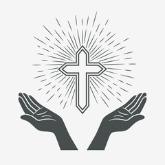 Black and White Open Hands with Cross and Divine Light, Symbol of Faith and Prayer. Design Template for Church Logo. Prayer, Religion Concept Monochrome Cut Out Silhouette Icon. Vector Illustration