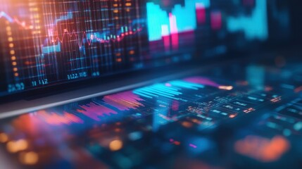 Financial data visualized on laptop and tablet screens, showing stock market charts and graphs with vibrant colors in a dark setting.