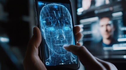 Person uses phone displaying 3D face scan.